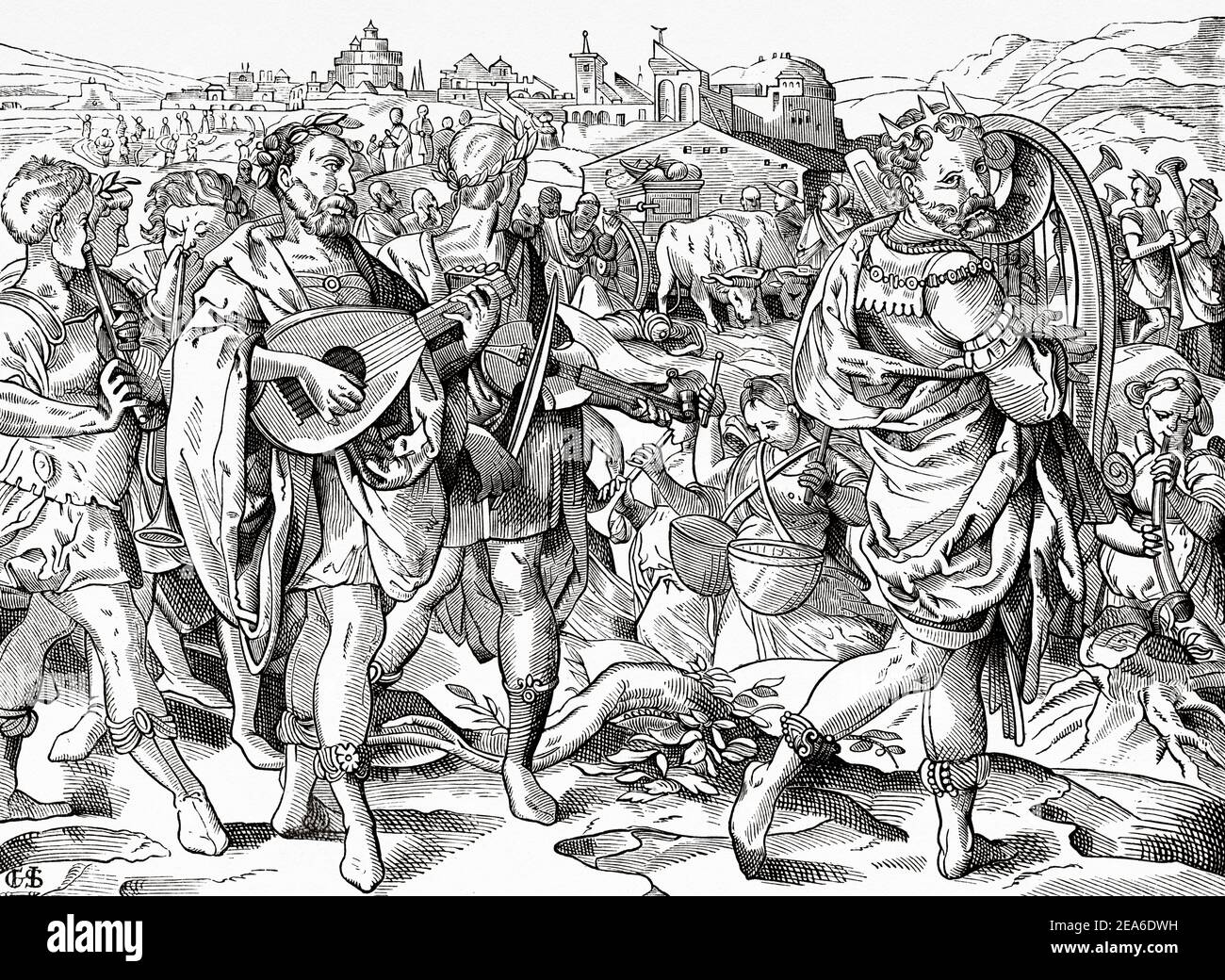 Bringing the Holy Ark of God to Jerusalem. King David playing his harp before the Holy Ark. David and all the house of Israel brought up the Holy Ark of the Lord with shouting and with the sound of the trumpet. The Holy Bible II Samuel 6. Old 19th century engraved illustration from El Mundo Ilustrado 1879 Stock Photo