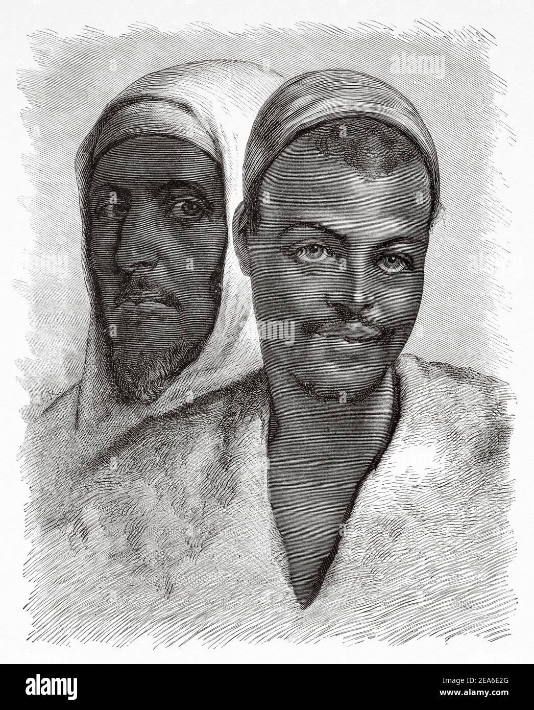 Portrait of egyptian fellah and Bedouin from Sinai peninsula. Ancient Egypt History. Old 19th century engraved illustration from El Mundo Ilustrado 1879 Stock Photo