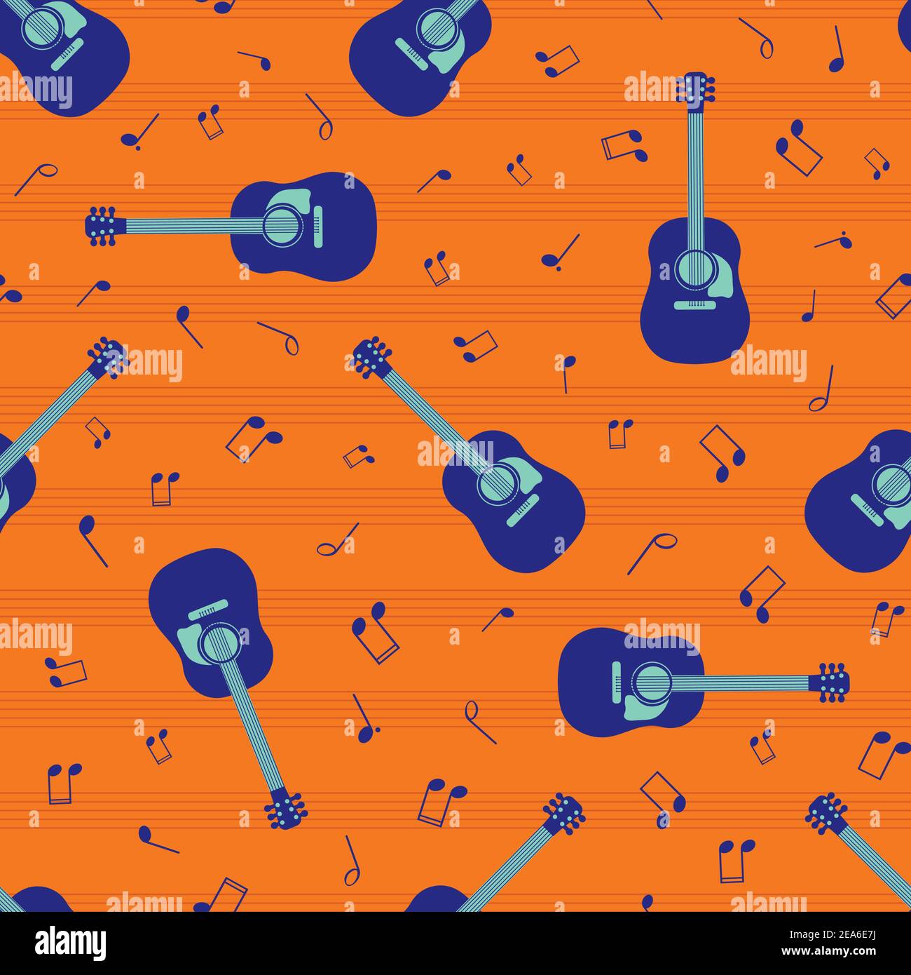 Acoustic guitar and music notes vector seamless pattern background