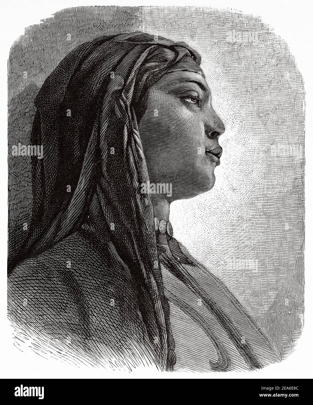Portrait of a beautiful Egyptian woman dressed in traditional costume. Ancient Egypt History. Old 19th century engraved illustration from El Mundo Ilustrado 1879 Stock Photo