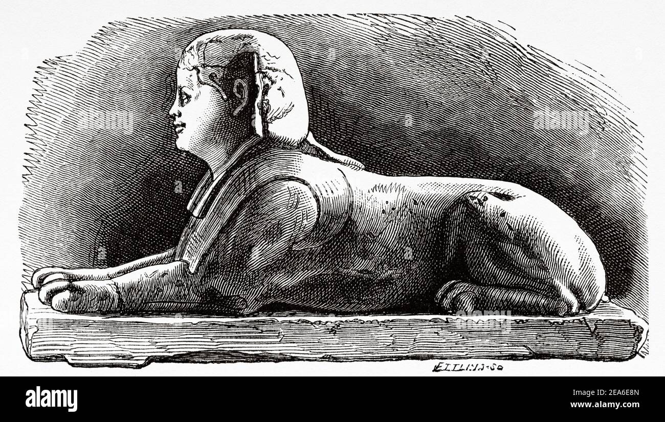Serapeum Sphinx, Alexandria. Ancient Egypt History. Old 19th century engraved illustration from El Mundo Ilustrado 1879 Stock Photo