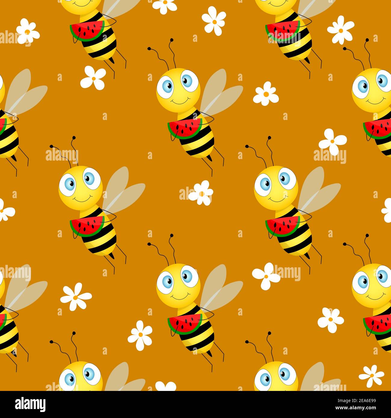 Seamless pattern with bees and flowers on brown background. Vector ...