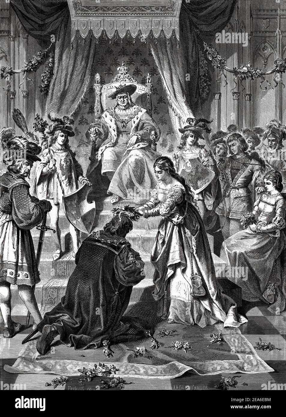 The coronation of Ulrich von Hutten. Ulrich von Hutten being crowned Poet Laureate by the Holy Roman Emperor Maximilian I, 1517. Europe. Old 19th century engraved illustration from El Mundo Ilustrado 1879 Stock Photo