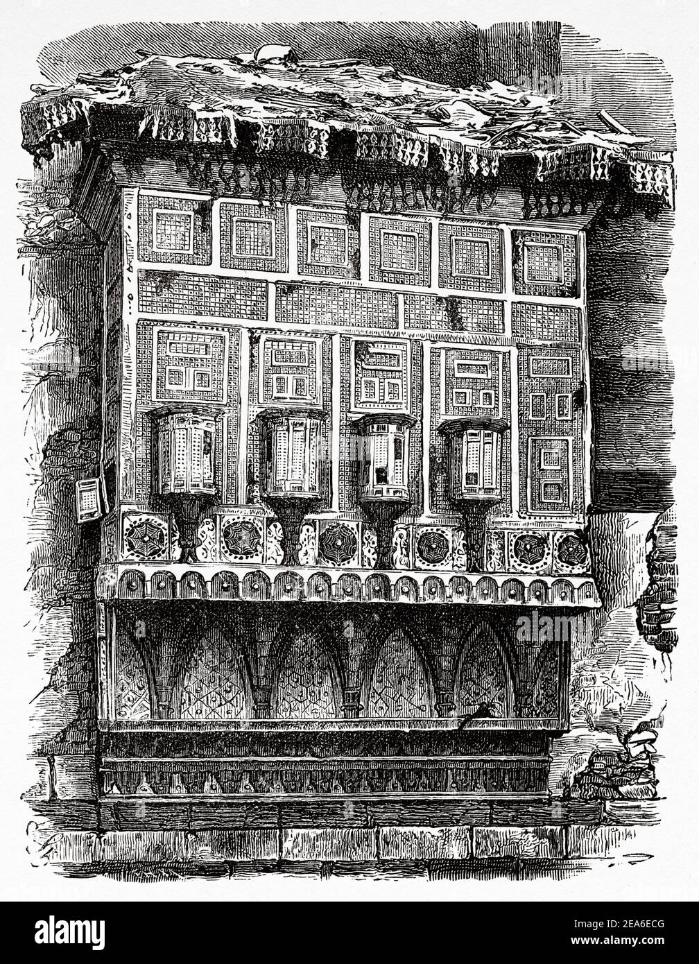 Windows of an old palace in the historic center of Cairo city, Ancient Egypt History. Old 19th century engraved illustration from El Mundo Ilustrado 1879 Stock Photo