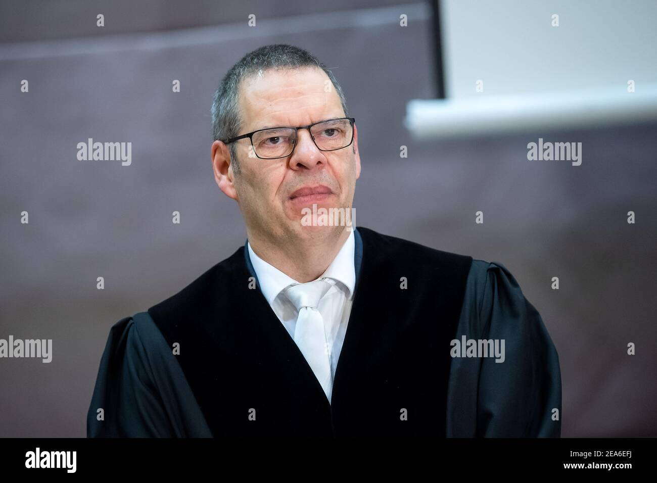 08 February 2021, Lower Saxony, Verden: Volker Stronczyk, presiding judge, stands before the start of the trial in the town hall of Verden. Three defendants are accused of tying up a 19-year-old and sinking her alive in the Weser River with a concrete slab. The prosecution accuses the two men and one woman of murder and forced prostitution. The victim was a 19-year-old, her body was recovered from the lock canal near Balge (Nienburg district) at the end of April. The accused are alleged to have first induced the mentally ill 19-year-old to engage in prostitution and later imprisoned her. In or Stock Photo