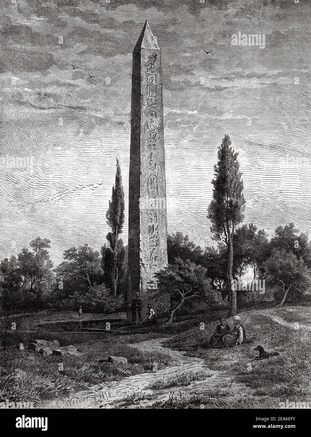 Obelisk Temple of the Sun at the old Heliopolis, Ancient Egypt History. Old 19th century engraved illustration from El Mundo Ilustrado 1879 Stock Photo