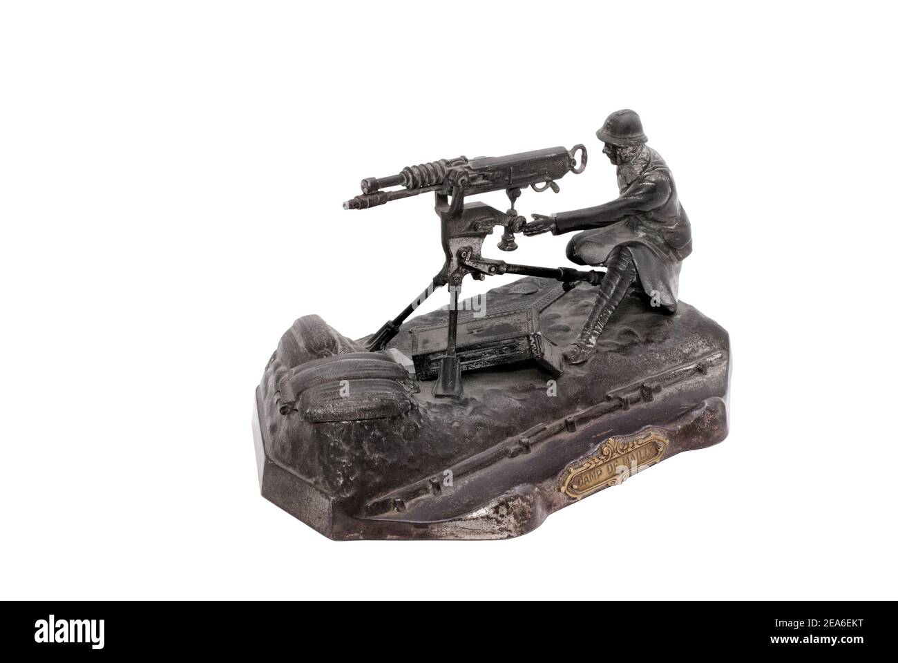 Vintage desk set (inkwell) in form of French machine gunner from period WW1. In memory of battle by Mailly. France. 1914-18. Stock Photo