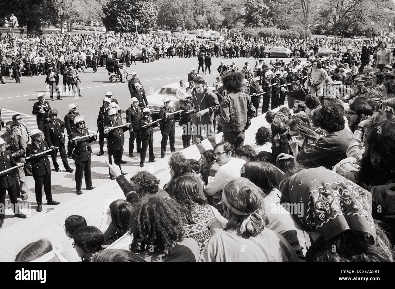 Vintage photo of protesters. Government workers at Lafayette Park and hippies at Capitol. USA. May 5, 1971 Stock Photo