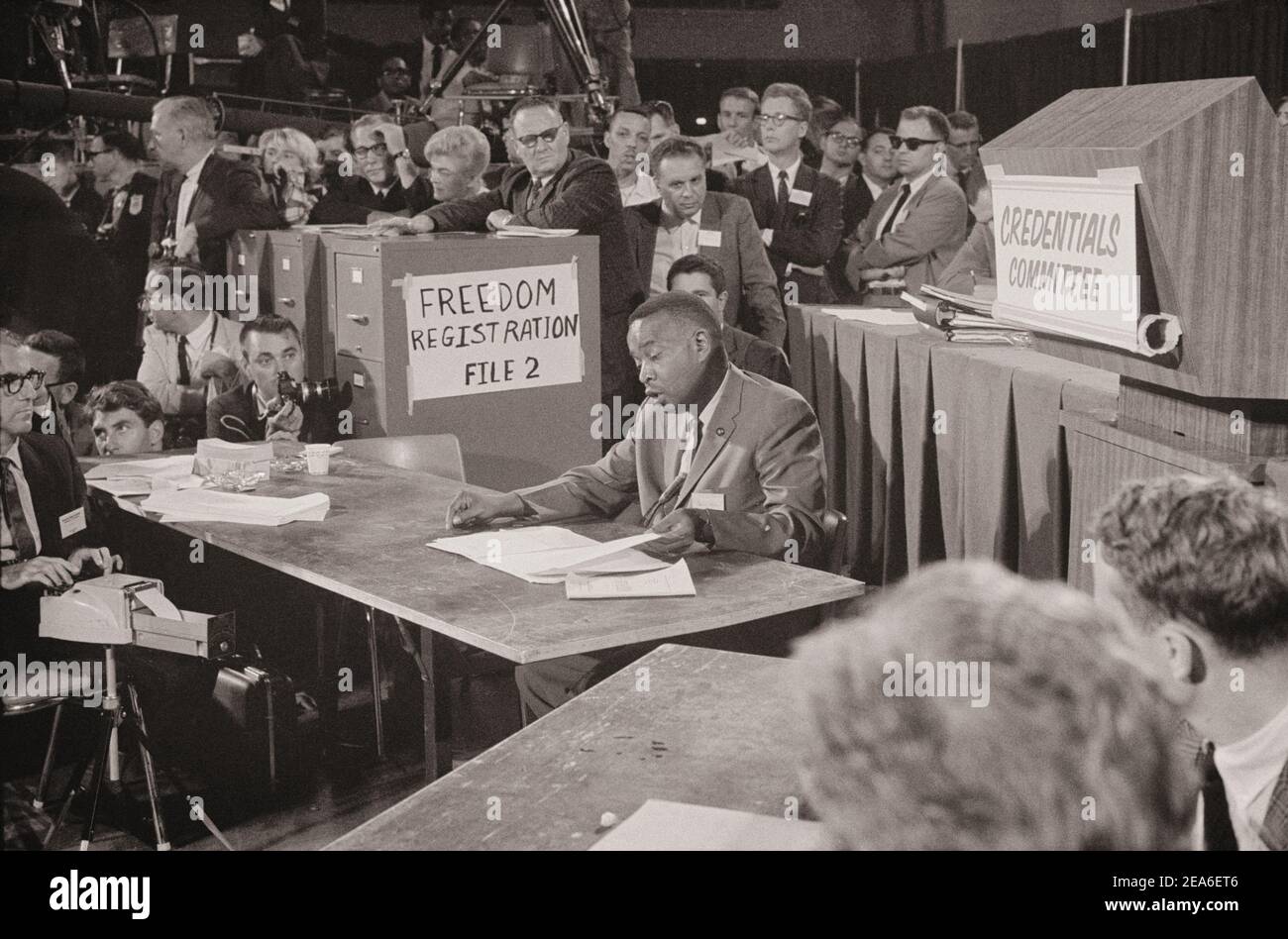 Aaron Henry, chair of the Mississippi Freedom Democratic Party delegation, speaks before the Credentials Committee at the Democratic National Conventi Stock Photo