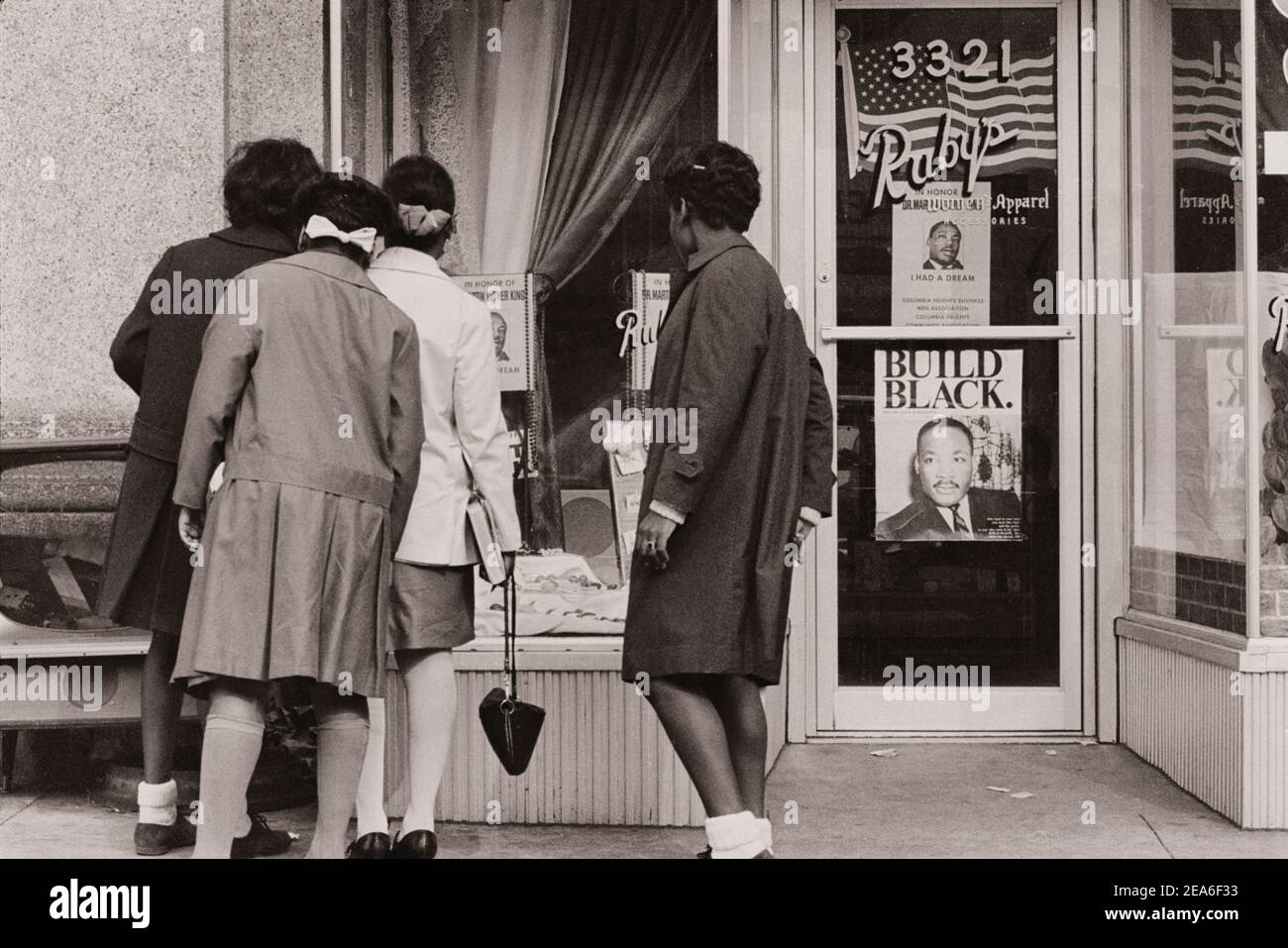 Vintage photo of Martin Luther King posters on shop window. Signs in Downtown 'Don't Work' for Martin L. King. USA. April 3, 1969 Stock Photo