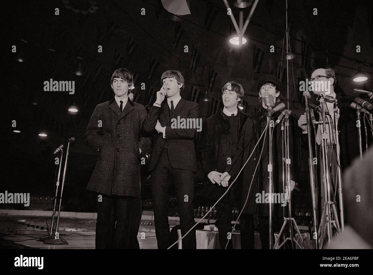 The Beatles arriving and press conference (British rock & rollers). USA. February 11, 1964 Stock Photo