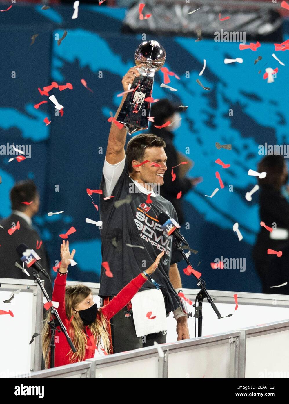 Tampa. 8th Feb, 2021. Tampa Bay Buccaneers' quarterback Tom Brady celebrates with the trophy during the awarding ceremony after the NFL Super Bowl LV football game between Tampa Bay Buccaneers and Kansas City Chiefs in Tampa, Florida, the United States, Feb. 7, 2021. Credit: Xinhua/Alamy Live News Stock Photo