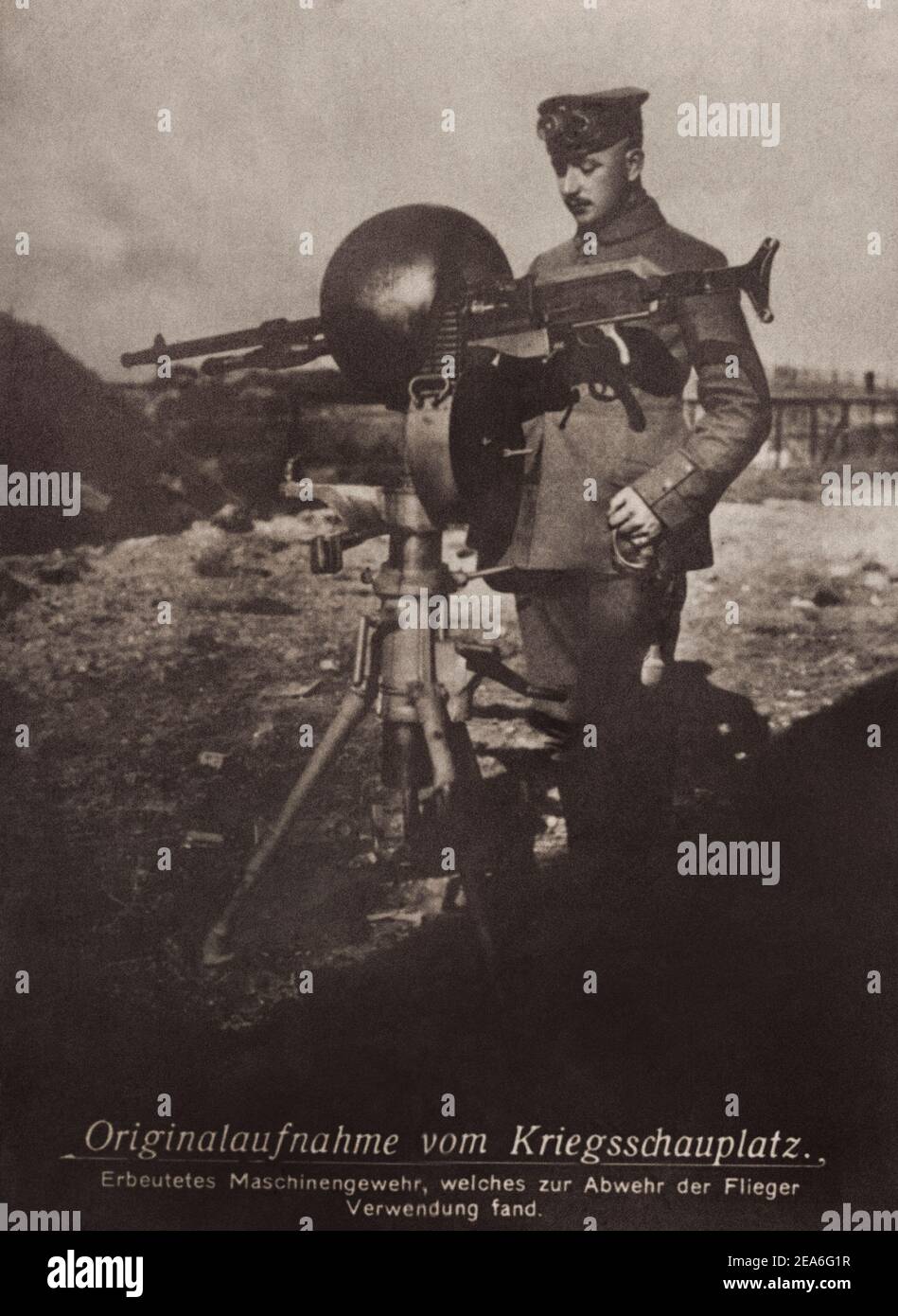 Old image from World War I. Captured machine gun, which was used to defend the aviators Stock Photo