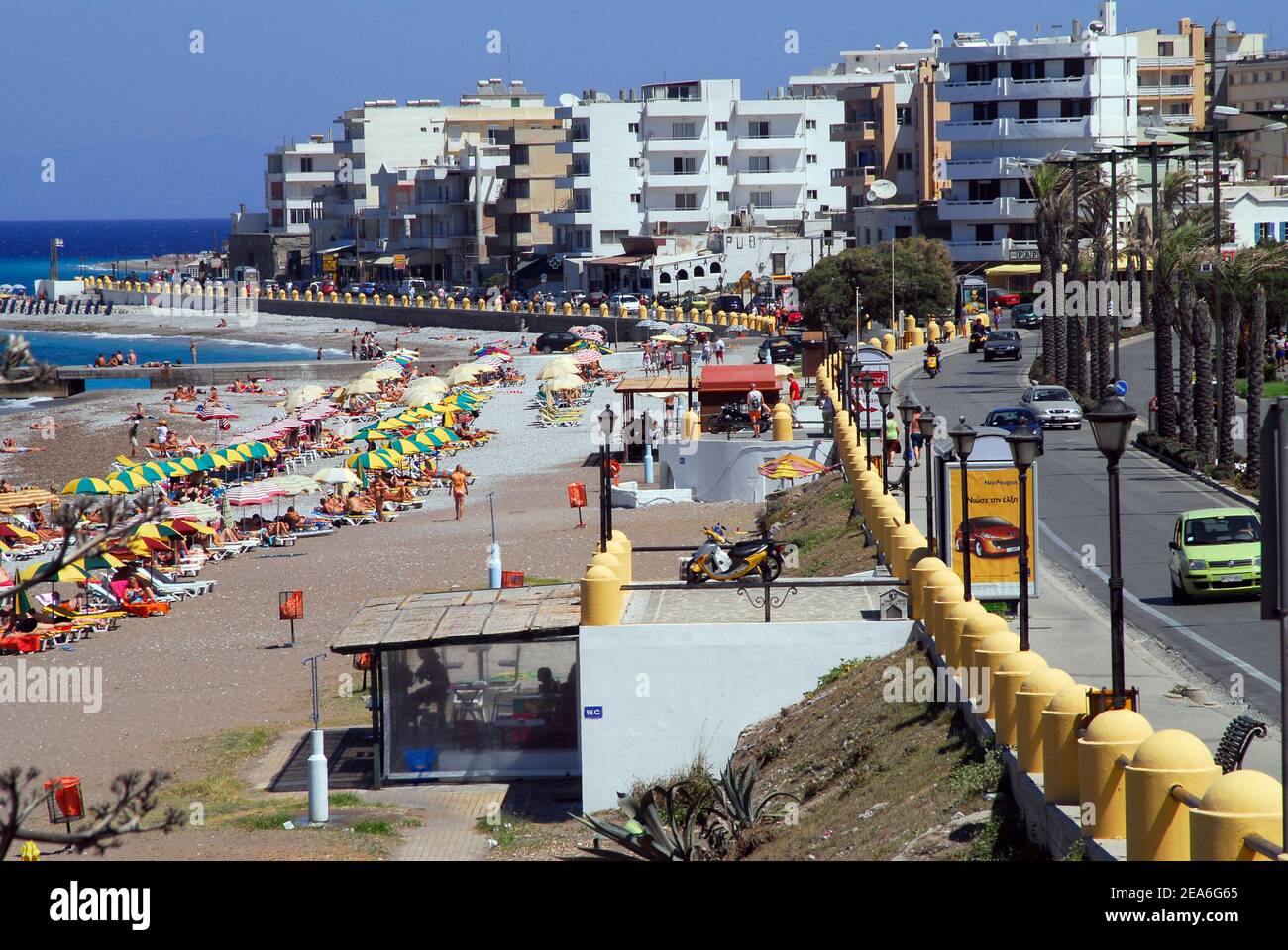 Rhodes buildings a city beach 7 9 2006 Stock Photo