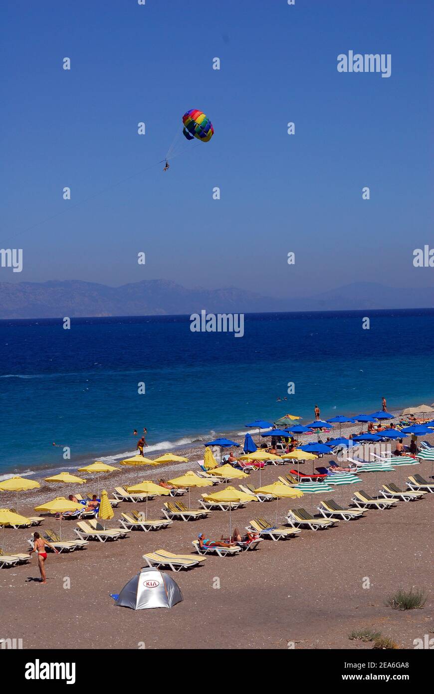 Rhodes buildings a city beach 7 9 2006 Stock Photo