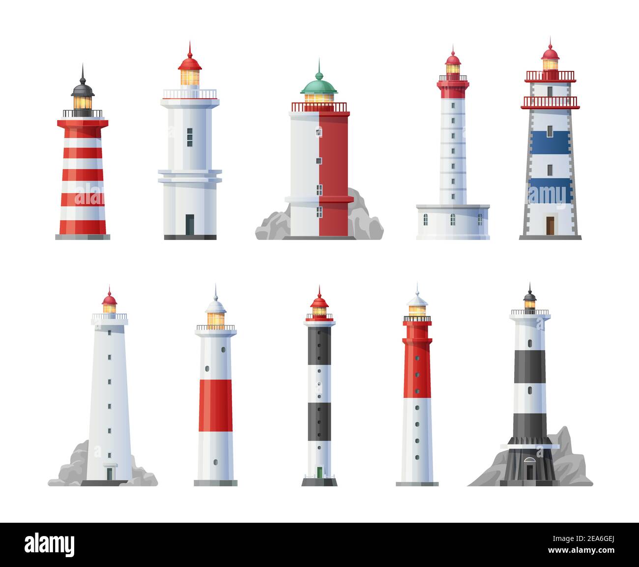 Old lighthouses towers buildings cartoon set. Sailing navigation safety signal light on shore rock, coastlines searchlight stripped tower with lantern Stock Vector