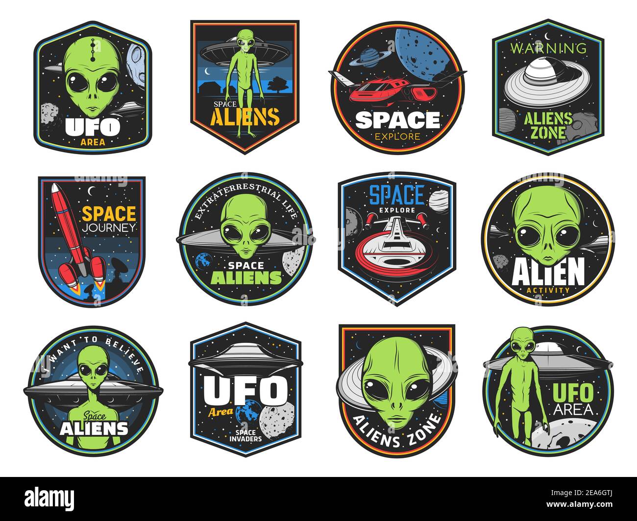 Aliens, ufo area and space shuttles vector retro icons ...
