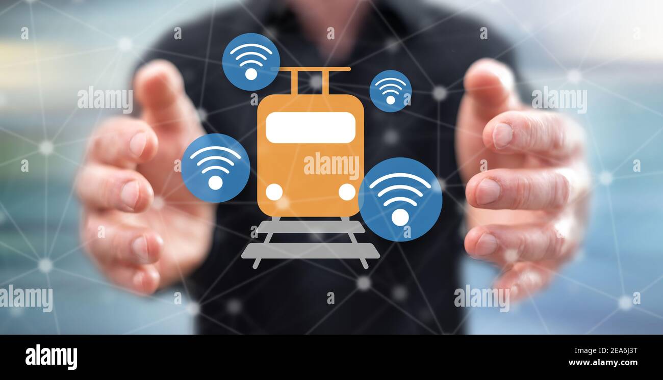 Smart train concept between hands of a man in background Stock Photo ...