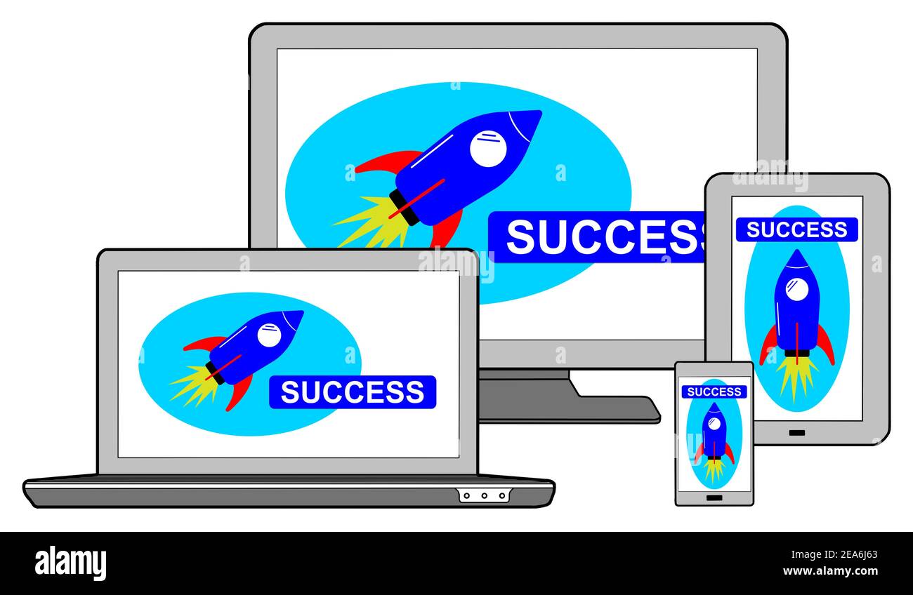 Success concept on different devices, isolated on white Stock Photo