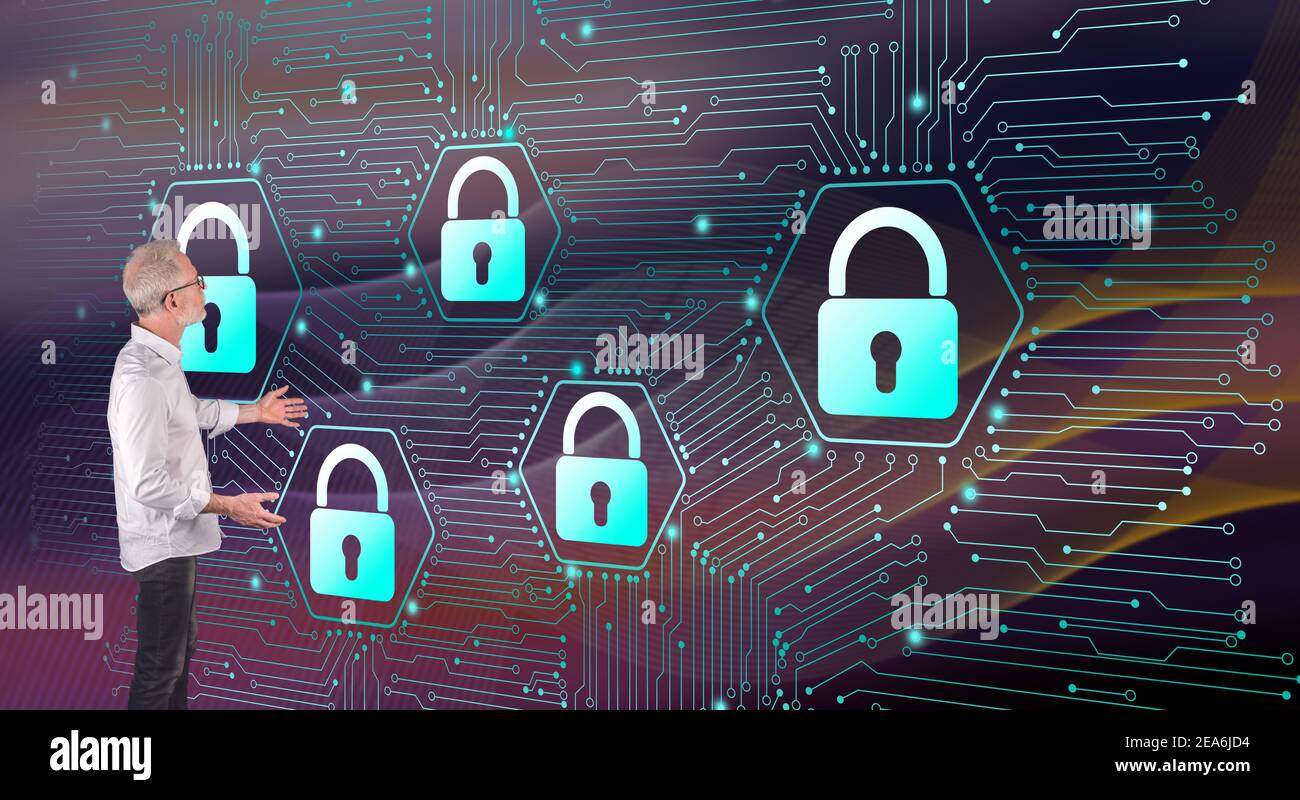 Businessman showing a data security concept on a wall screen Stock ...