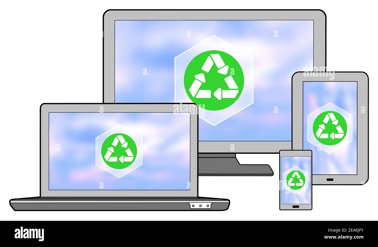 Recycling concept shown on different information technology devices Stock Photo