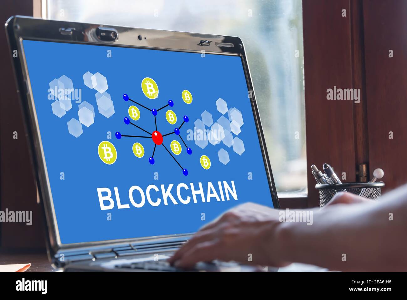 Laptop screen displaying a blockchain concept Stock Photo - Alamy