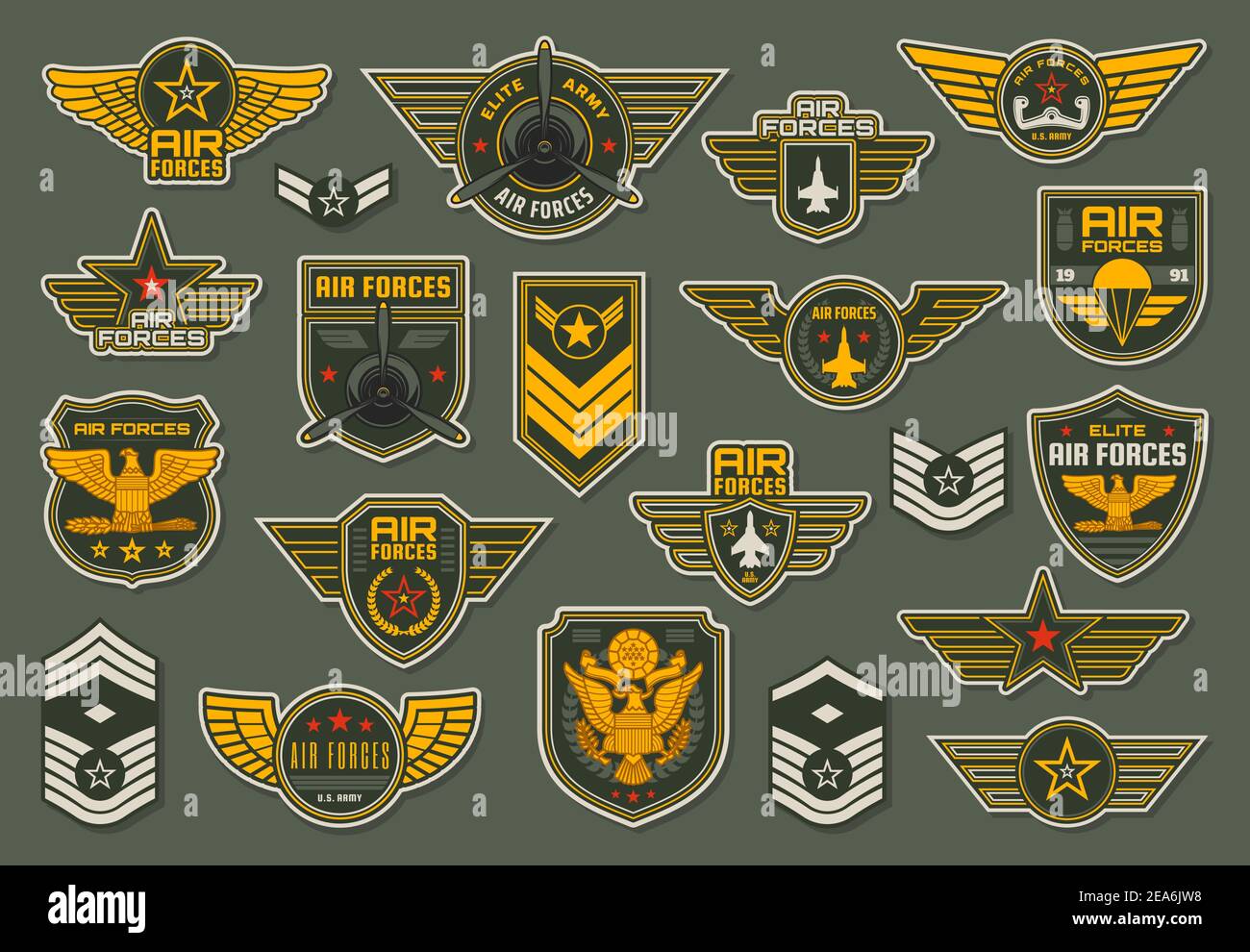 Army air forces, airborne units badges and winged chevrons with plane propeller, jet fighter aircraft and airplane yoke, wings, stars and colonel vect Stock Vector