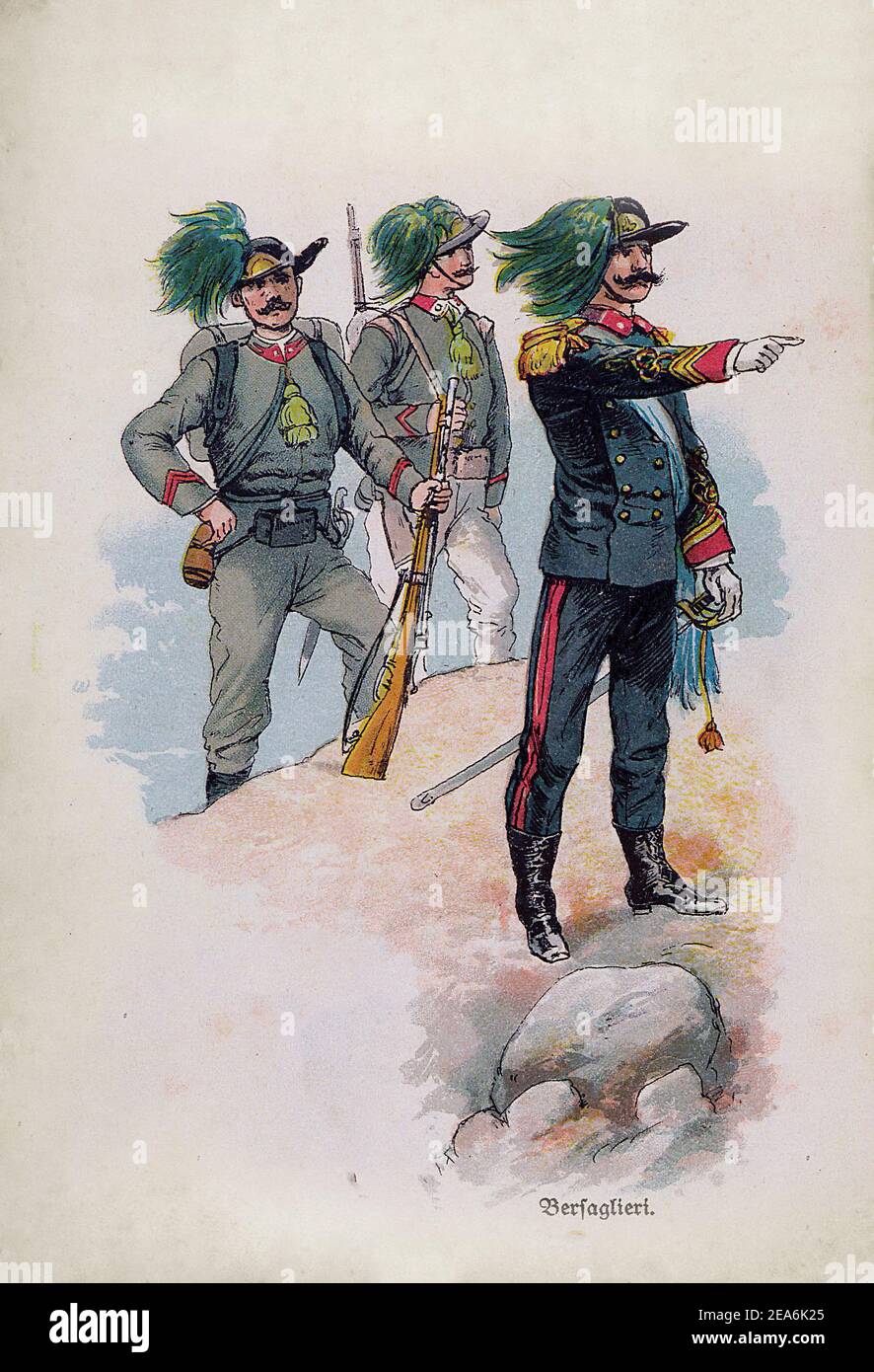 Royal Italian army before World War I. Bersaglieri. 1910s The Bersaglieri, singular Bersagliere, (sharpshooter) are a speciality of the Italian Army's Stock Photo