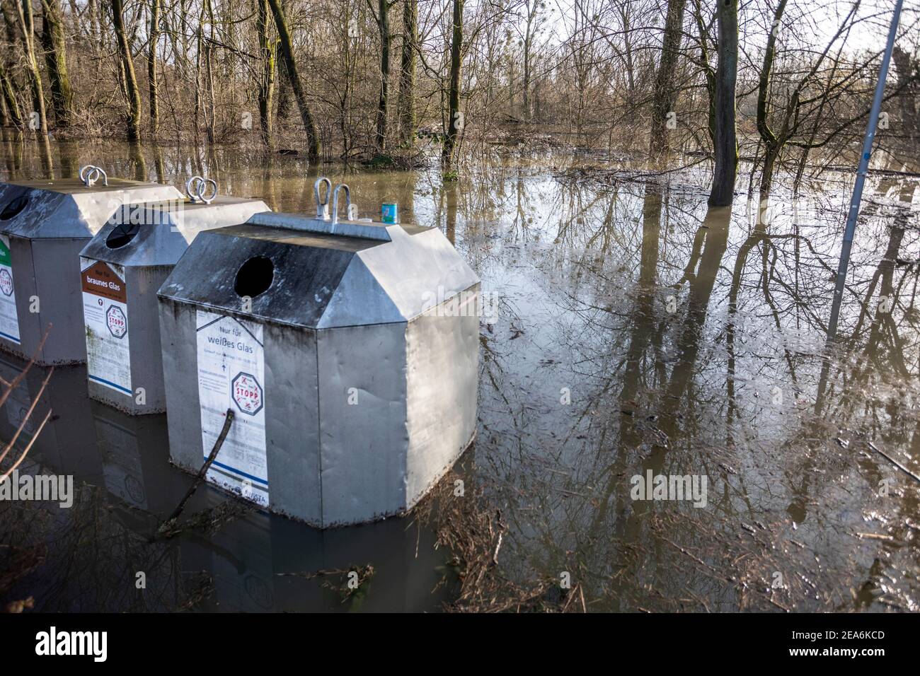 Flood of the Rhine in Dusseldorf, here glass and wastepaper banks flooded Stock Photo
