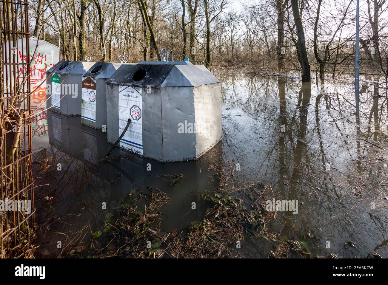Flood of the Rhine in Dusseldorf, here glass and wastepaper banks flooded Stock Photo