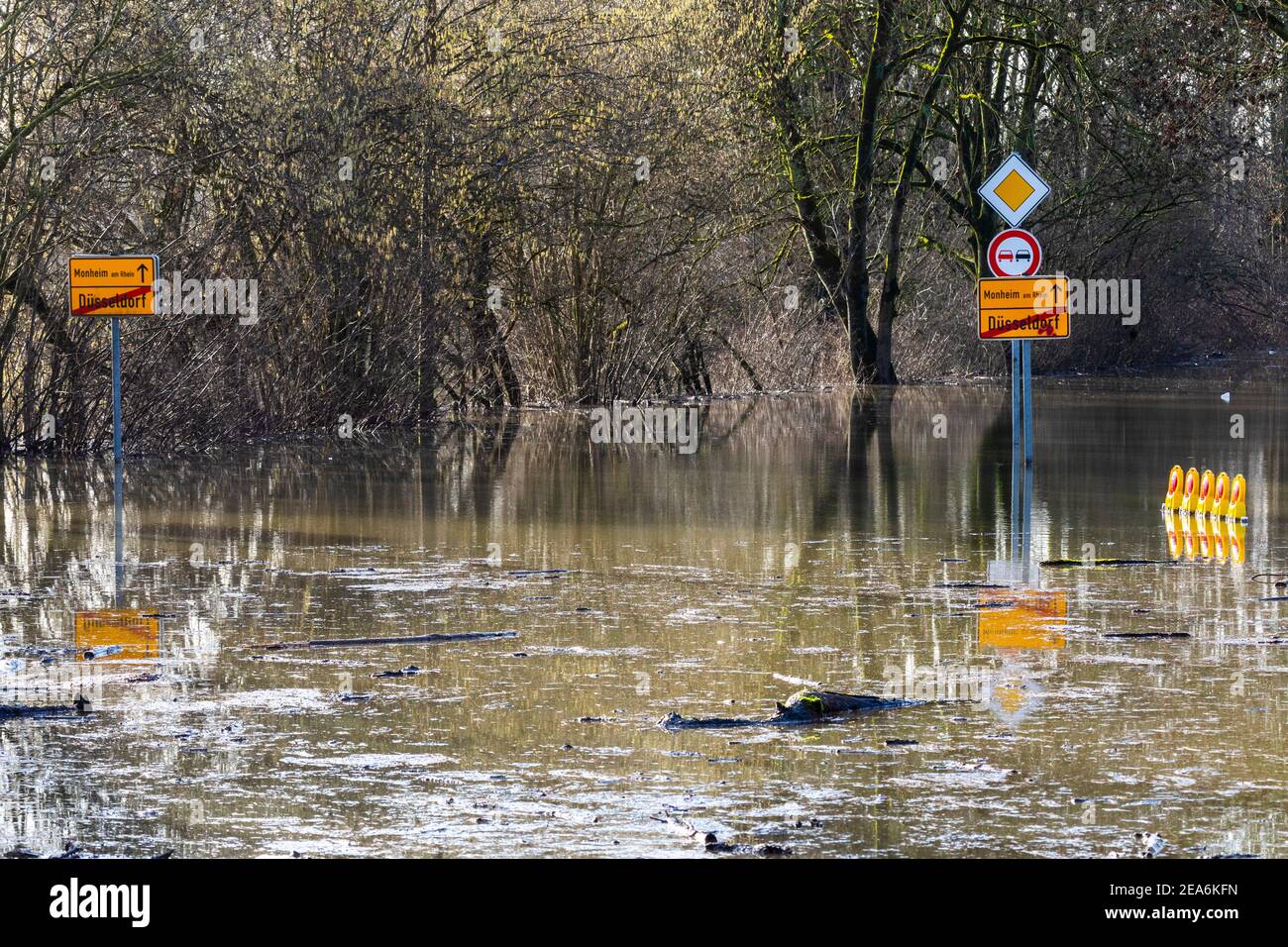 Flood of the Rhine in the south of Dusseldorf, here a flooded country road Stock Photo