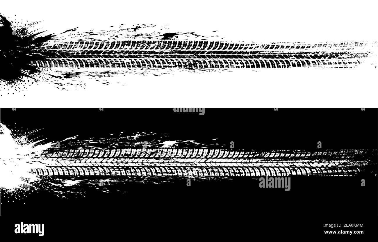 Car tires print, grunge off road wheels marks. Automobile black and white traces, vehicle rubber