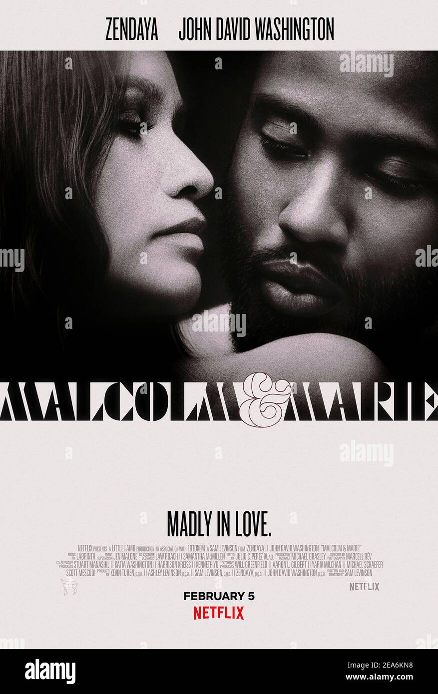 Malcolm & Marie (2021) directed by Edoardo Ponti and starring John David Washington and Zendaya. A director and his girlfriend's relationship is tested after they return home from his movie premiere and await the critics' verdicts. Stock Photo