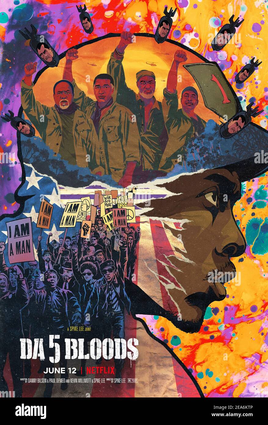 Da 5 Bloods (2020) directed by Spike Lee and starring Delroy Lindo, Jonathan Majors and Clarke Peters. Four African-American Vietnam veterans return to Vietnam to find the remains of their fallen squad leader and the gold fortune they hide together. Stock Photo