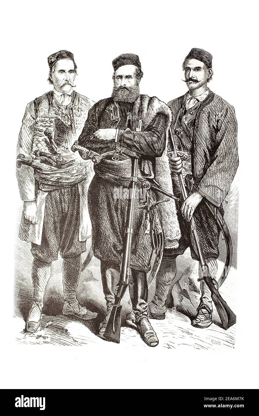 Leader of Herzegovina uprising (1875–1877) was an uprising against the Ottoman Empire ( left to right): Luka Petkovich, Miroslav Hubmajer, Marko Babic Stock Photo