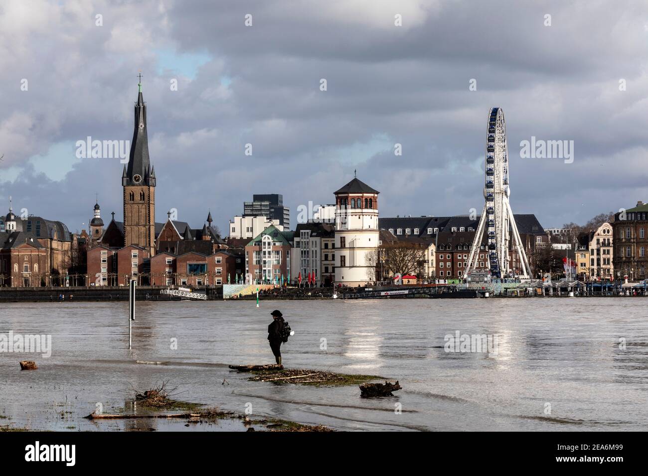 Flood on the Rhine in Dusseldorf on the Oberkasseler Wiesen, view of