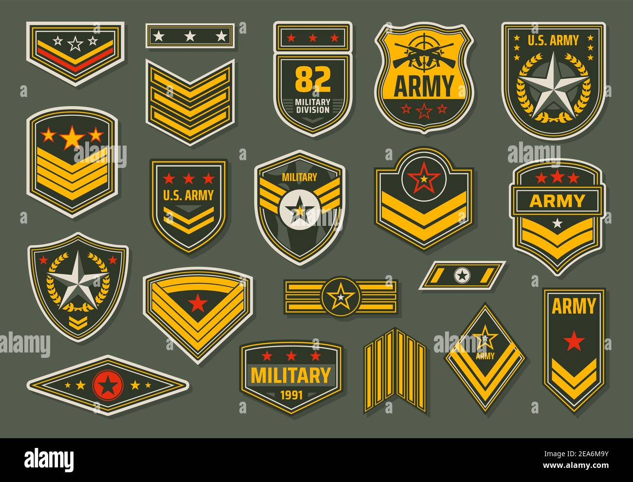 USA armed forces badges, military service staff ranks insignia. Army emblems, shoulder chevrons or epaulets with stars, rate stripes and service rifle Stock Vector