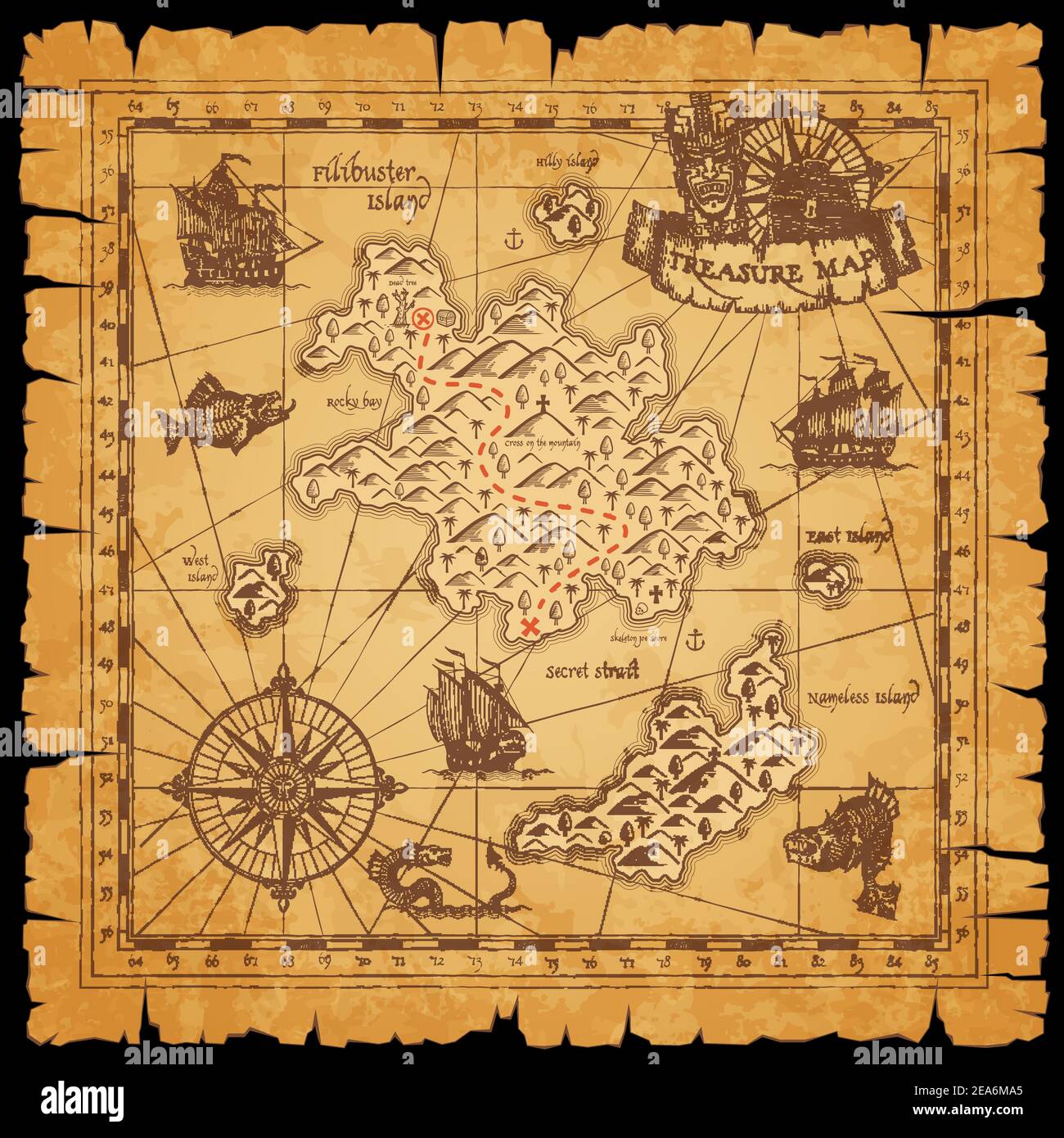 Pirate treasure scroll map with vector sketches of sea, filibuster