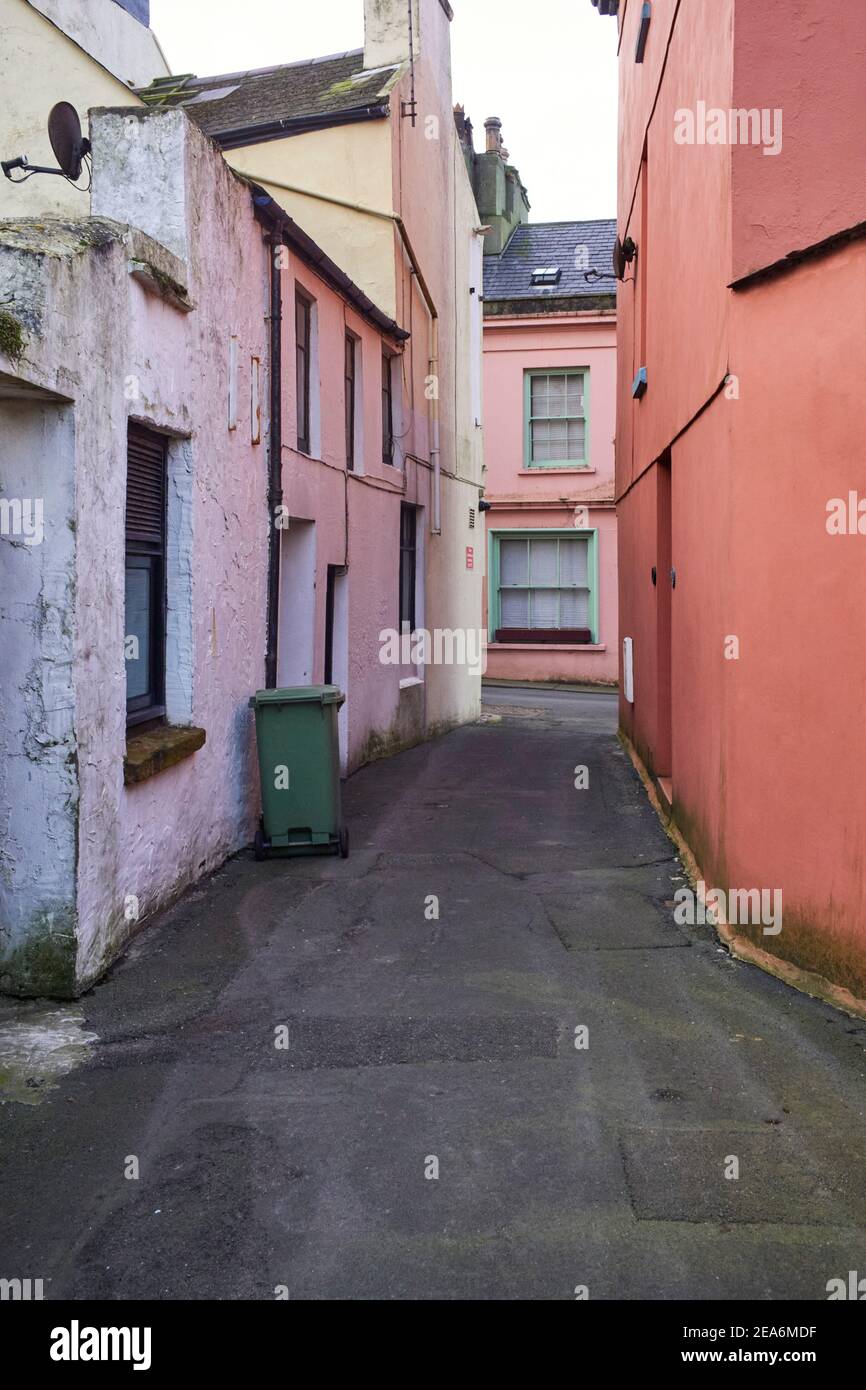 Narrow streets and painted houses in Love Lane in Peel, Isle of Man