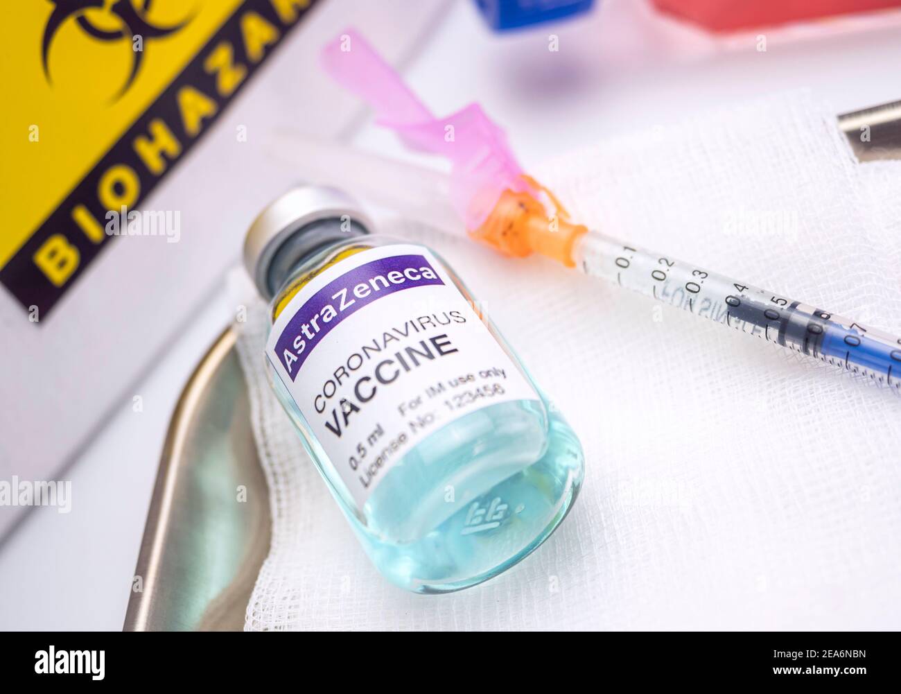 Vial of vaccine from Astrazeneca ready for injection, imaginary recreation for conceptual image. Stock Photo