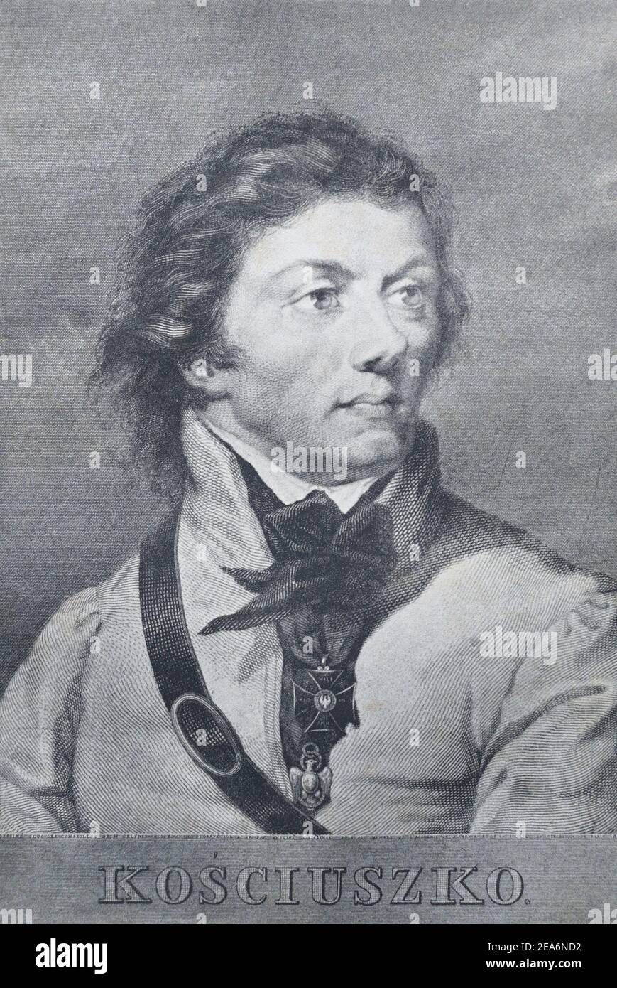 Andrzej Tadeusz Bonawentura Kościuszko (Tadeusz Kosciuszko). Engraving of 1829. Andrzej Tadeusz Bonawentura Kościuszko (English: Andrew Thaddeus Bonaventure Kosciuszko; 4 or 12 February 1746 – 15 October 1817) was a Polish-Lithuanian military engineer, statesman, and military leader who became a national hero in Poland, Lithuania, Belarus, and the United States. He fought in the Polish–Lithuanian Commonwealth's struggles against Russia and Prussia, and on the US side in the American Revolutionary War. Stock Photo
