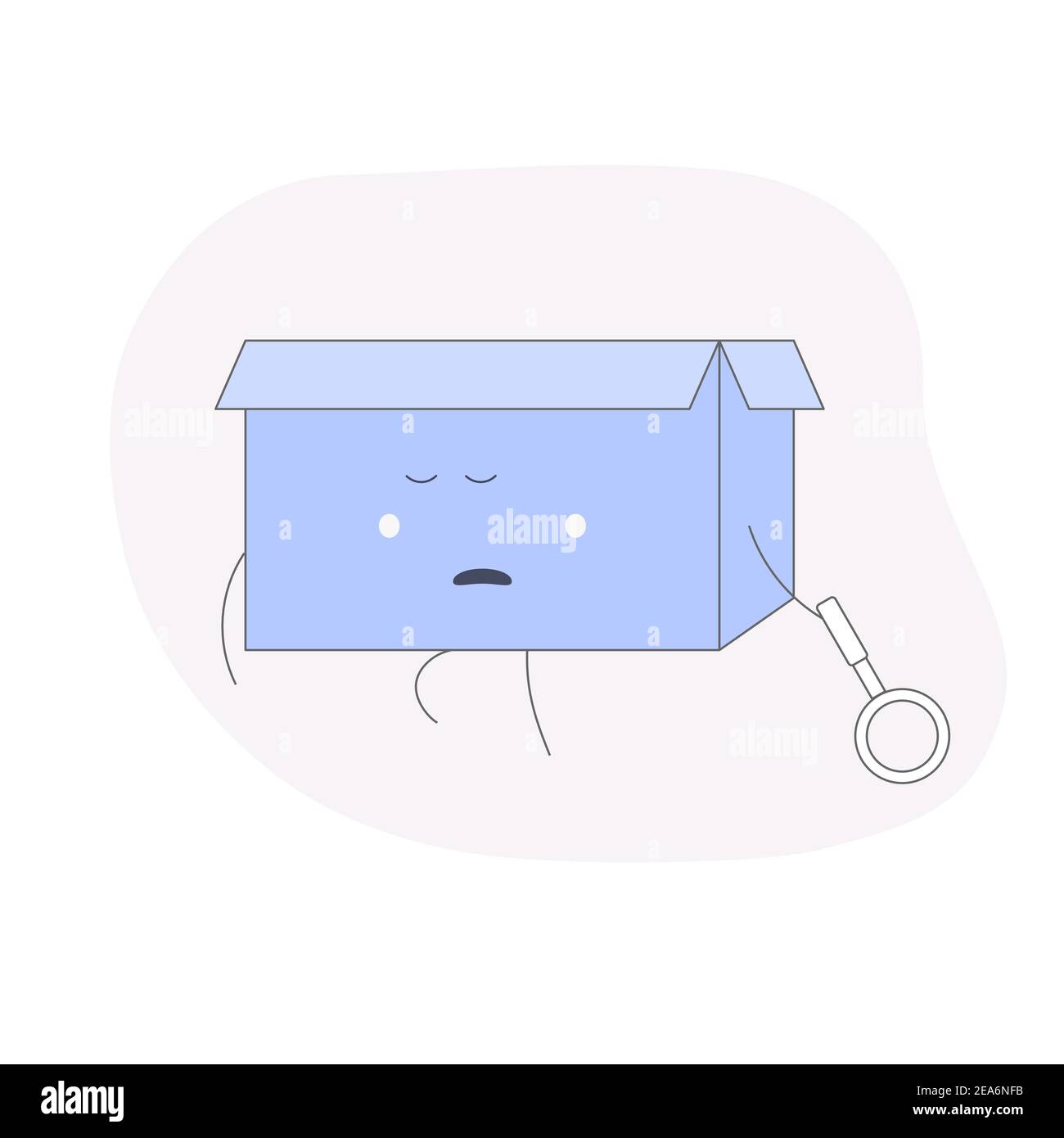 Page or file not found, connection error. A sad box character walks with a magnifying glass in his hand Stock Vector
