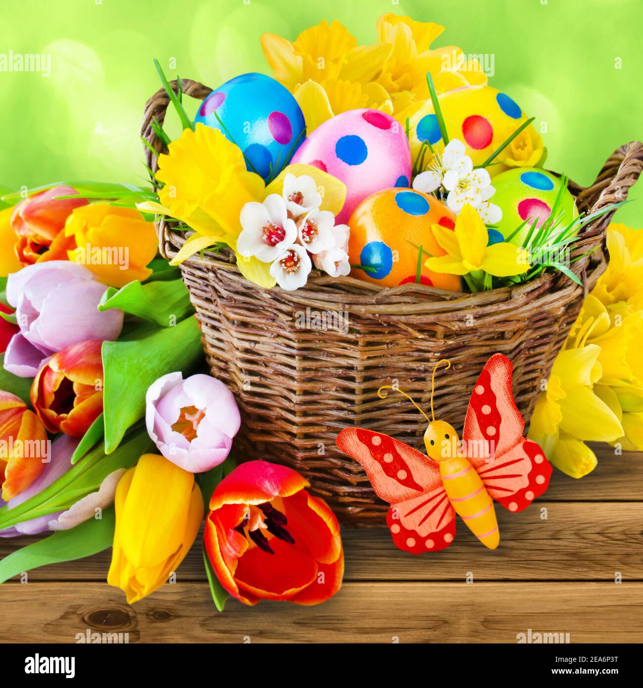Easter eggs decoration and tulips Stock Photo