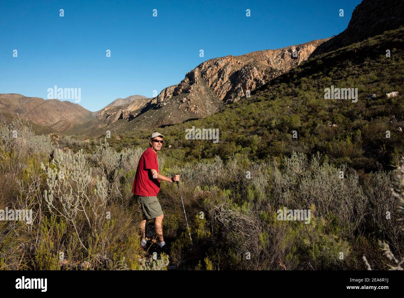 Hiker on the Leopard Trail, Baviaanskloof, South Africa Stock Photo