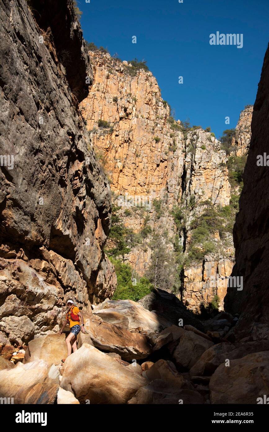 Hiking / kloofing to Cedar Falls, Baviaanskloof, South Africa Stock Photo