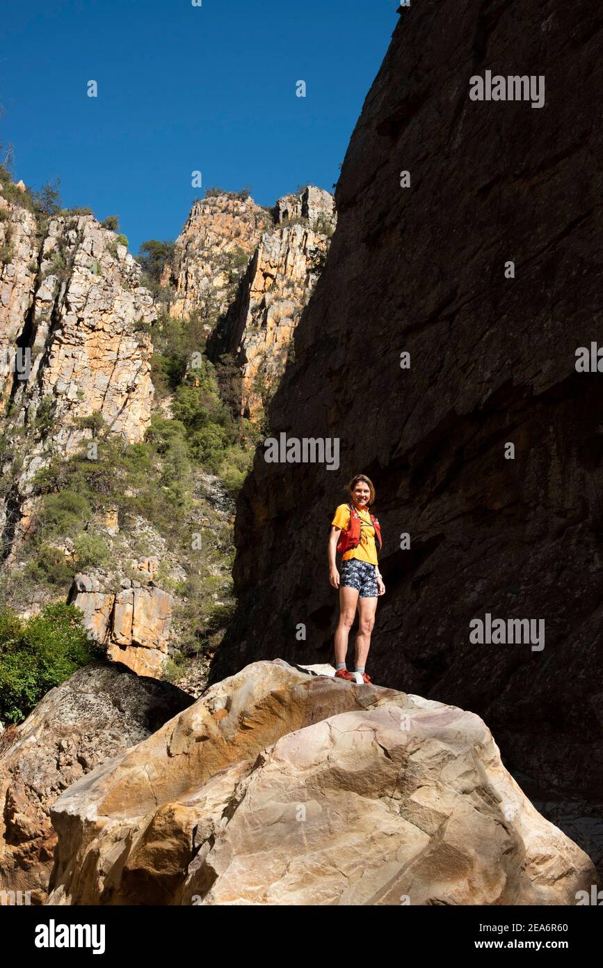 Hiking / kloofing to Cedar Falls, Baviaanskloof, South Africa Stock Photo