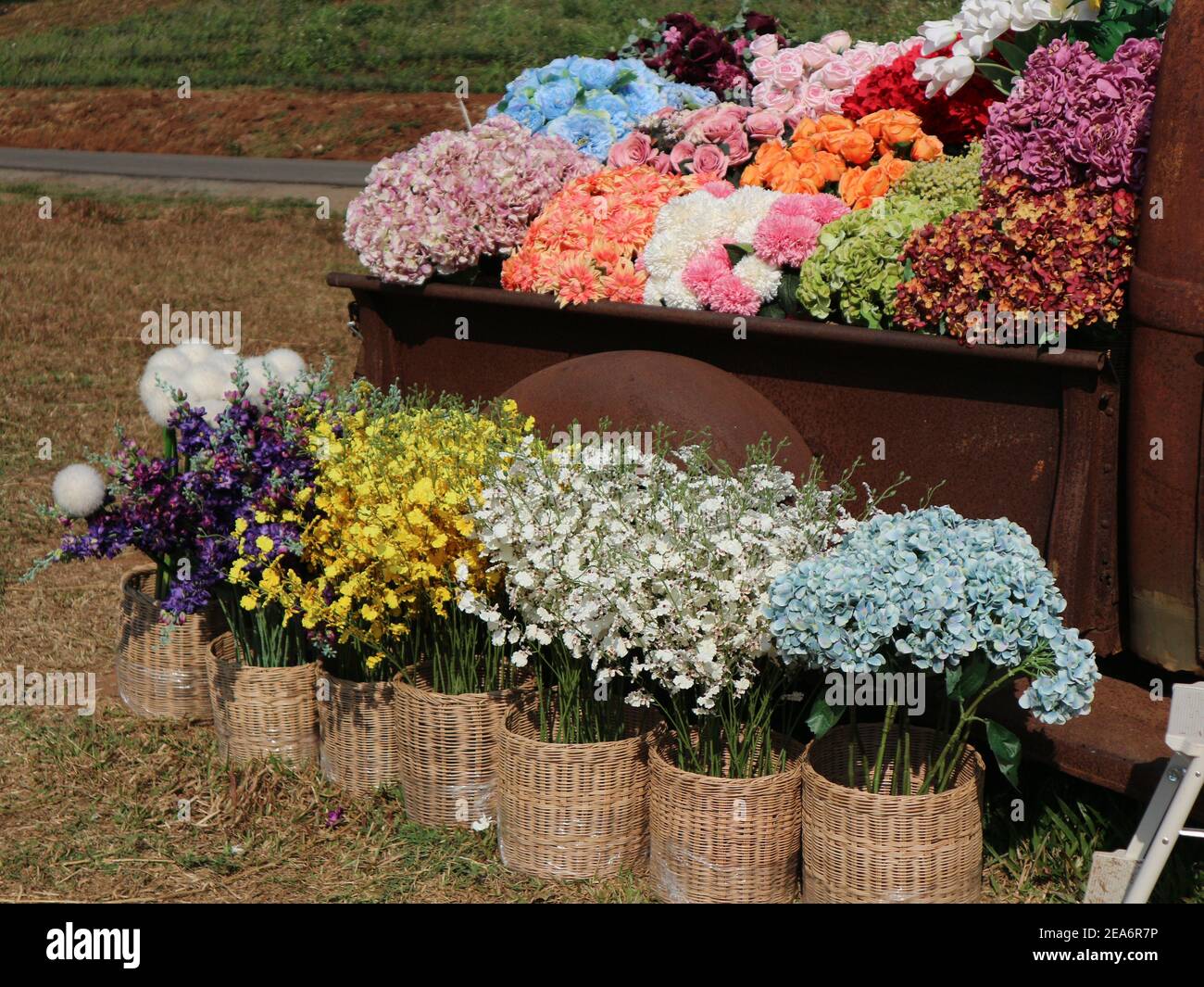 Fake Colorful Flower In Wicker Basket Decorating On Vintage Old Retro Car Stock Photo Alamy