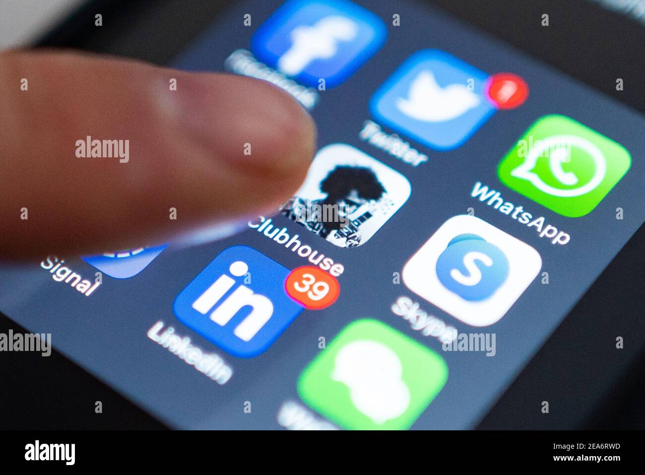 Detail of new invite only US social media platform app Clubhouse on smart phone Stock Photo