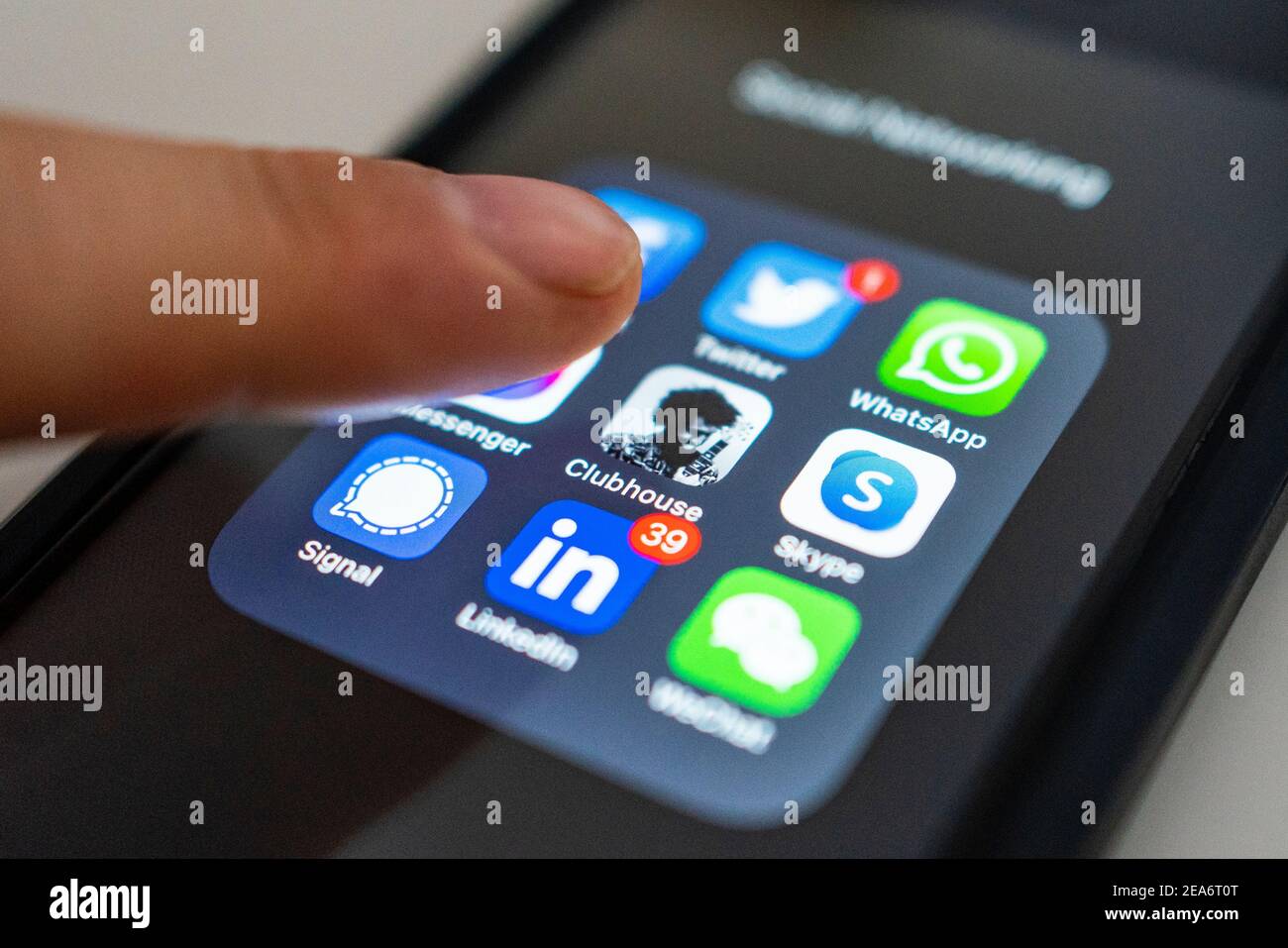 Detail of new invite only US social media platform app Clubhouse on smart phone Stock Photo
