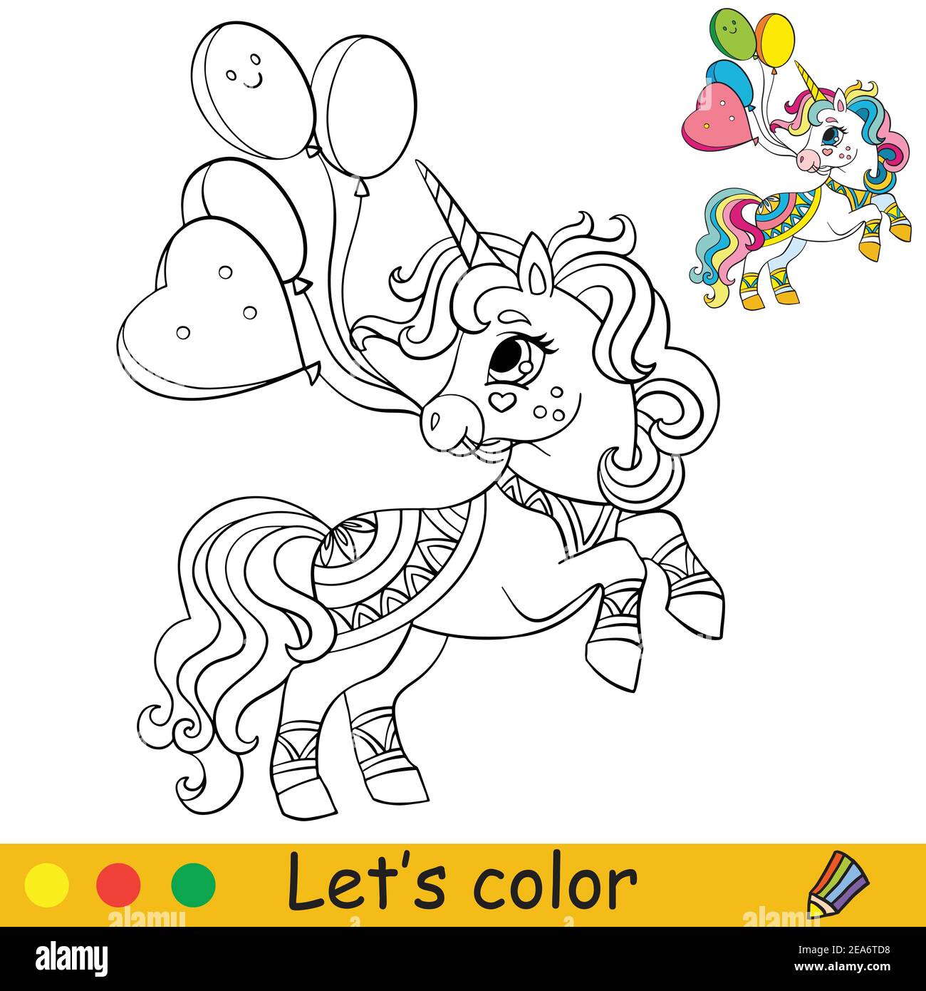 Cute party unicorn with balloons. Coloring book page with colorful
